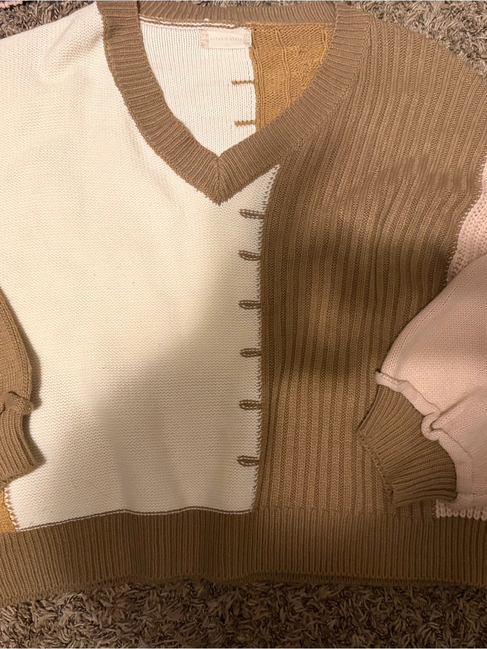 Altar'd State Cream, Camel & Pink Colorblock V-Neck Sweater